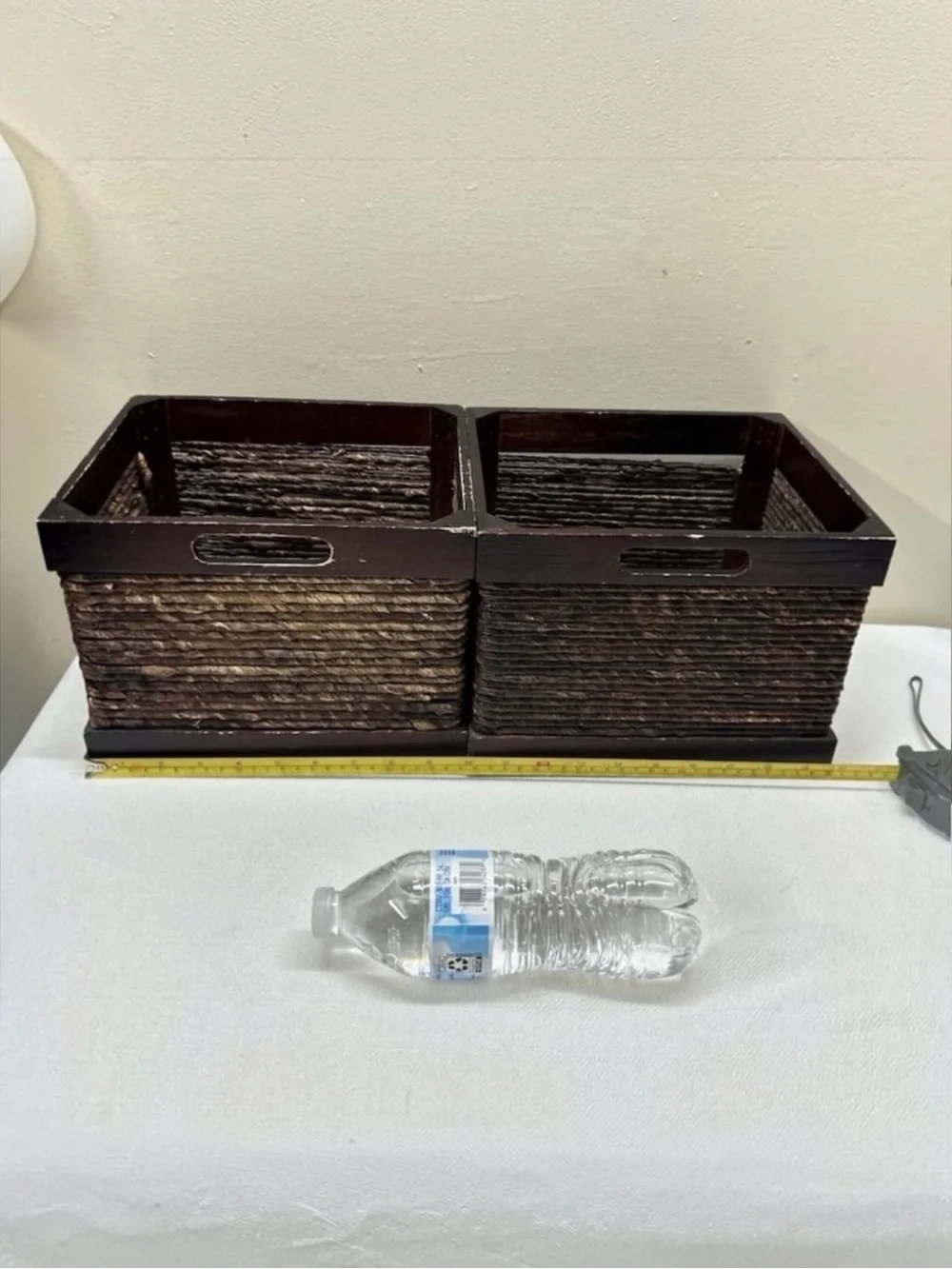 Vintage Set 2 Wood Storage Crates Woven Twine Baskets Rustic Farmhouse Decor